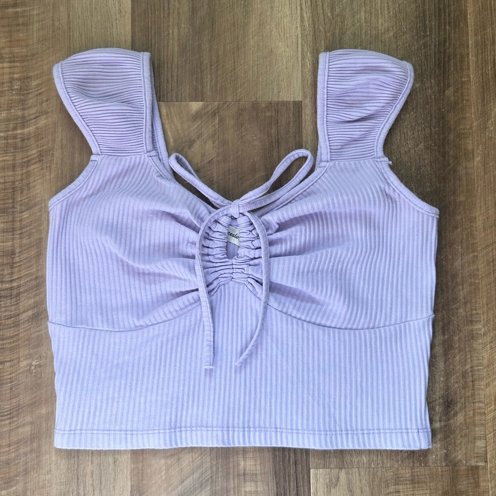 Lilac Ribbed Drawstring Sweetheart Neck Crop Top